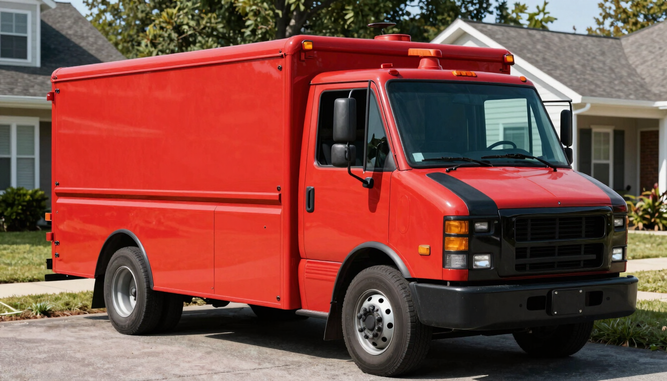 A clean red and black service truck parked in a sunny Richmond VA suburban driveway, sharp editorial photography, high contrast red and black tones, 35mm