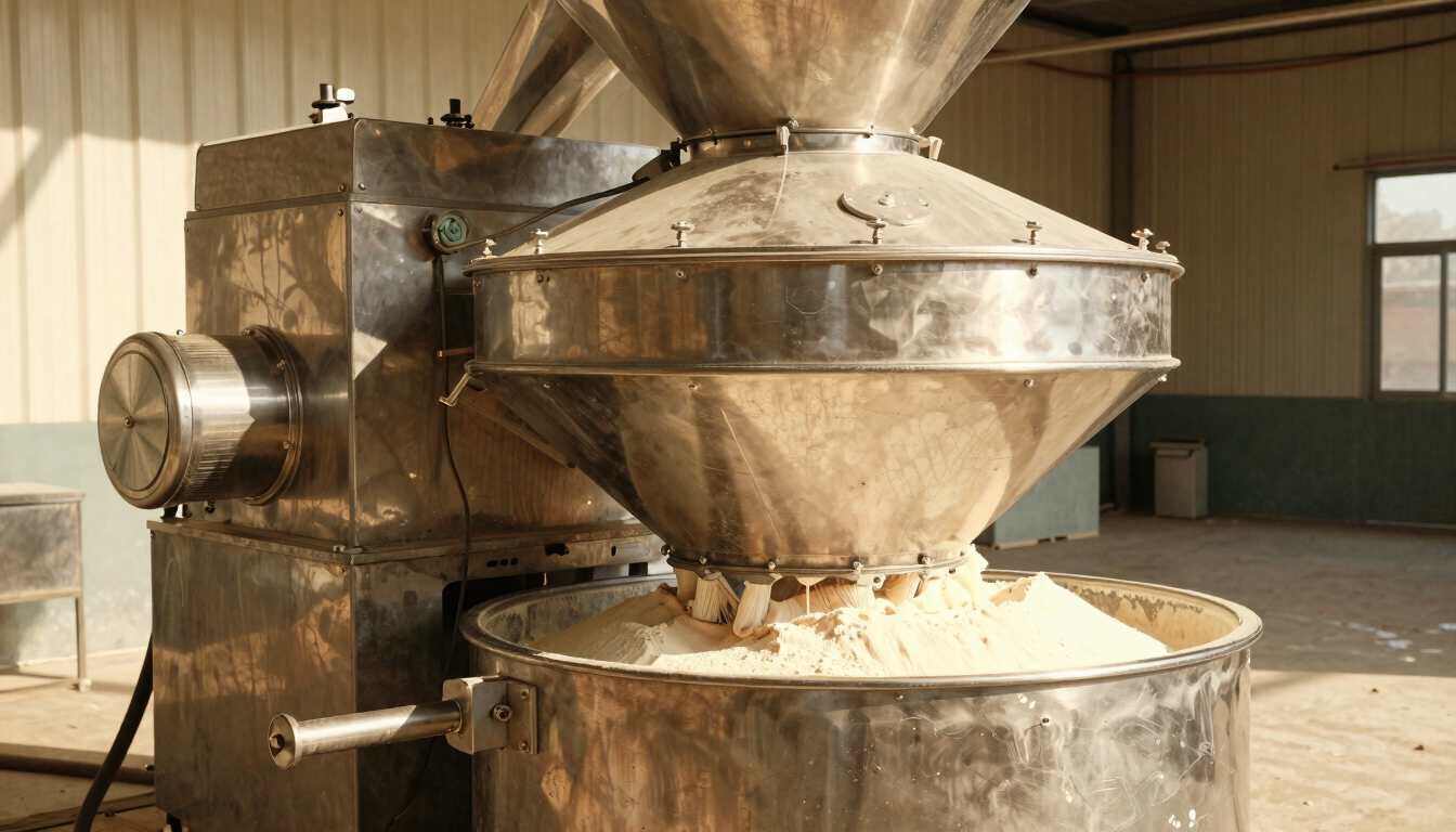 Warm industrial photography of a modern high-capacity stainless steel flour milling machine, bright natural daylight, sharp focus, high detail, 35mm