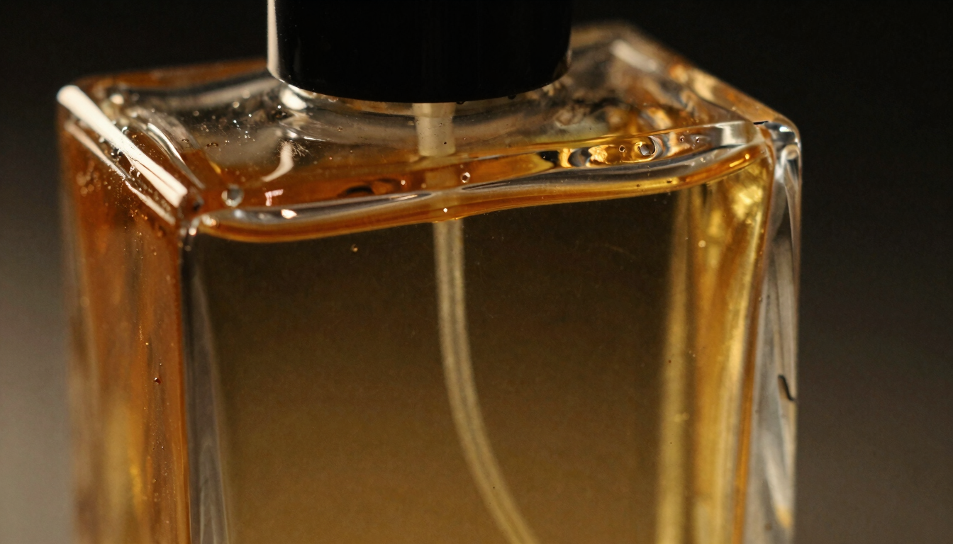 Macro close-up of a heavy crystal perfume bottle being filled with a viscous, golden amber liquid, dramatic low-key lighting, warm side-shadows, 35mm.