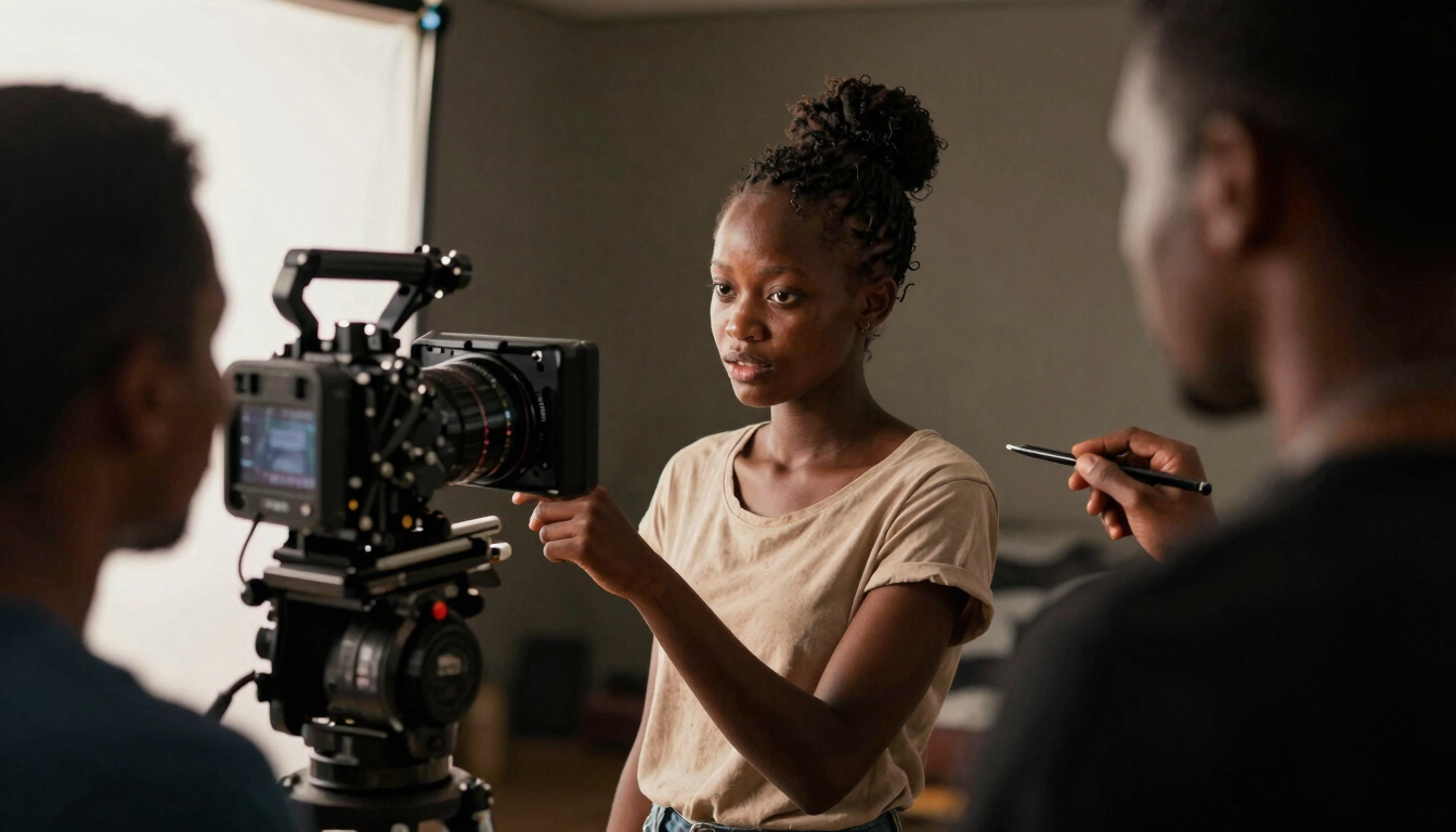 Over-the-shoulder view of an active film director guiding a young African actress on a modular set inside MerkaGuinea, dramatic high-contrast studio lighting, camera rig visible, raw production energy.
