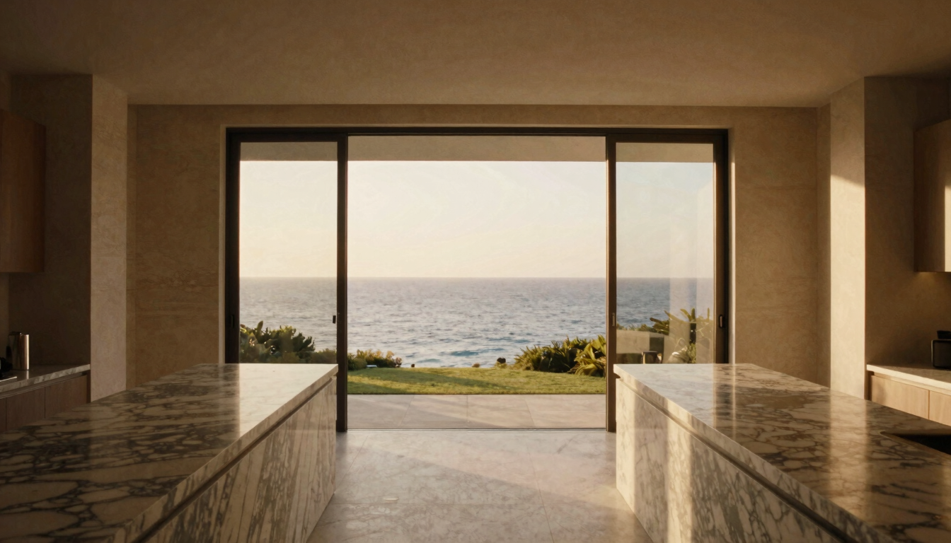 Symmetrical architectural perspective of a minimalist luxury villa interior, warm morning coastal light illuminating marble countertops and clean lines, looking out towards the ocean.