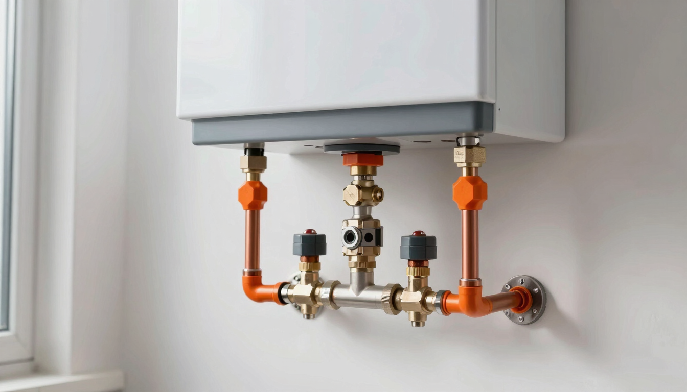 Close-up of a modern domestic boiler system installed neatly on a clean wall, precise copper piping, bright natural lighting, professional installation.