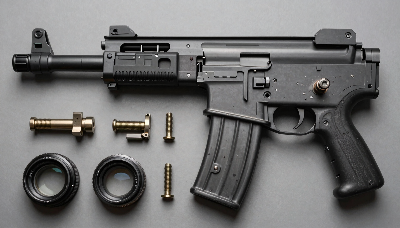 Top-down flat lay of disassembled bolt action receiver components, clean metal surfaces, high-contrast studio lighting.