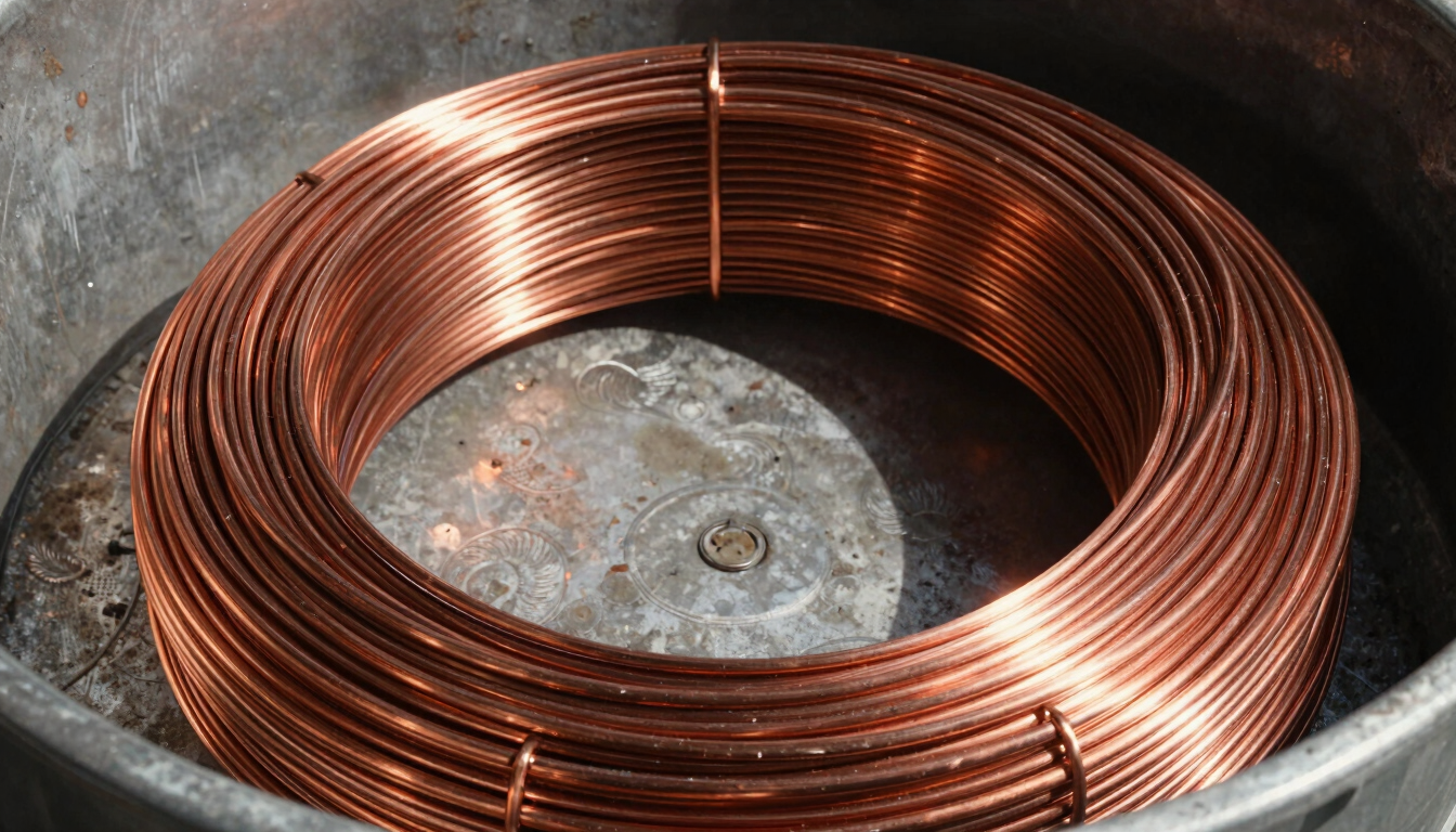 Industrial documentary photography of bright clean copper wire coiled in a steel container, harsh daylight, high contrast