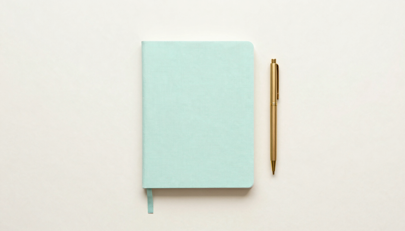 Minimalist desktop flat-lay in soft morning light, a clean linen notebook, a thin brass pen, pastel mint and cream background, generous negative space