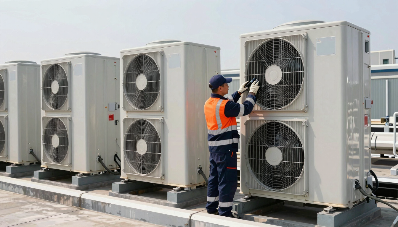 Technician in high-visibility uniform servicing a large rooftop HVAC chiller unit, bright daylight, industrial editorial photography