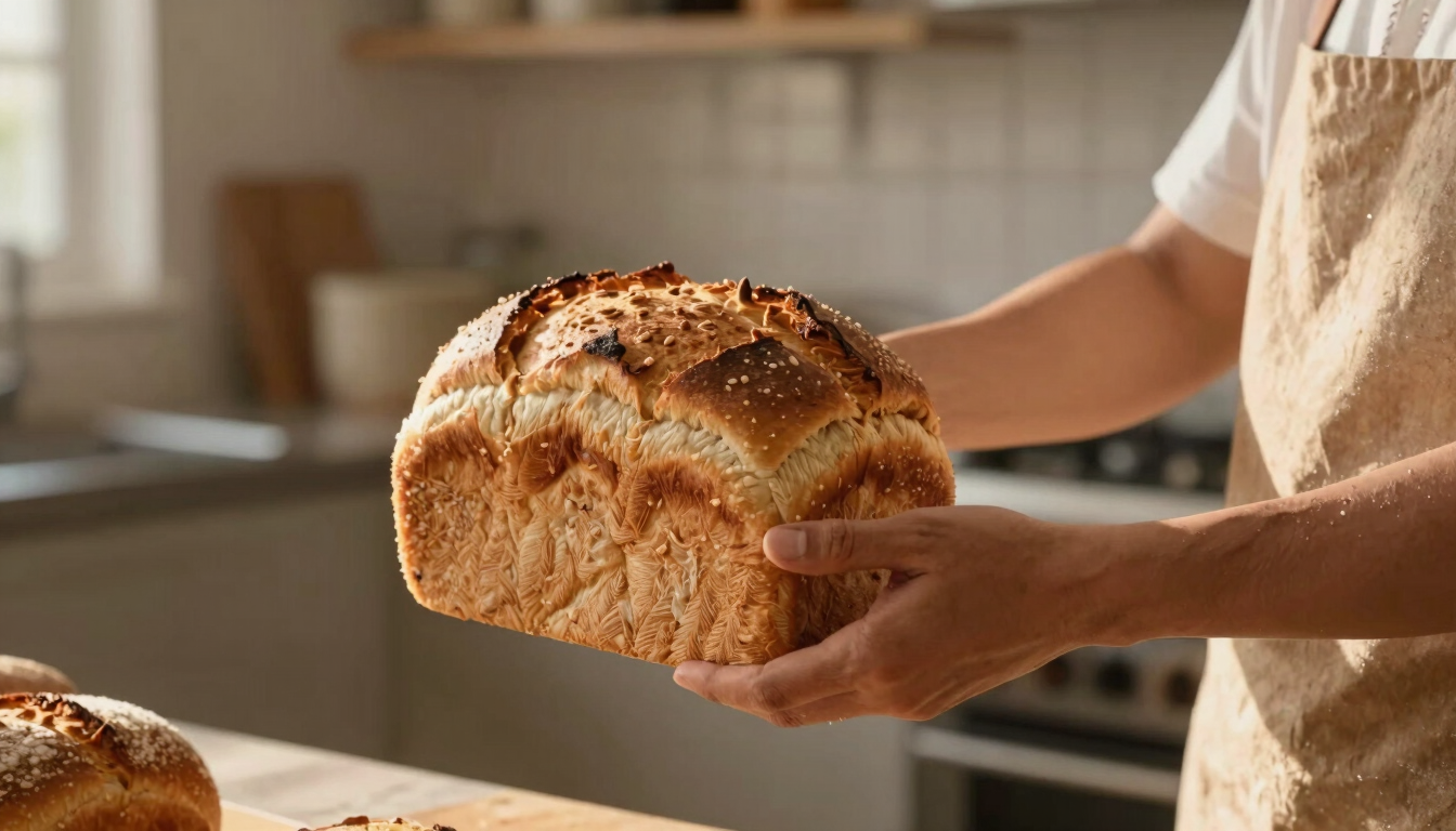 A close-up of hands passing a warm, fresh loaf of bread in a clean, sunlit community kitchen, warm editorial style