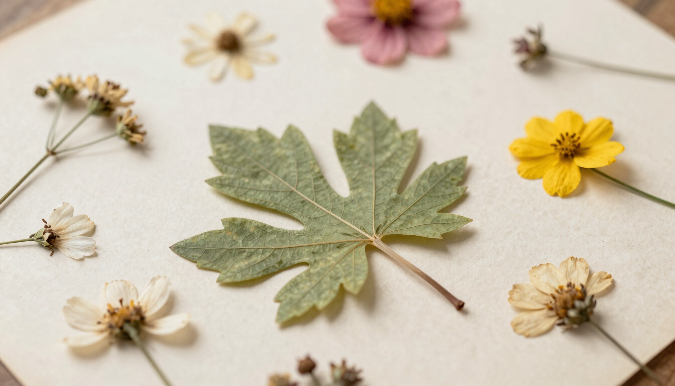 Vintage scientific botanical plate showing detailed leaf veins and pressed flowers on textured old paper, soft shadows