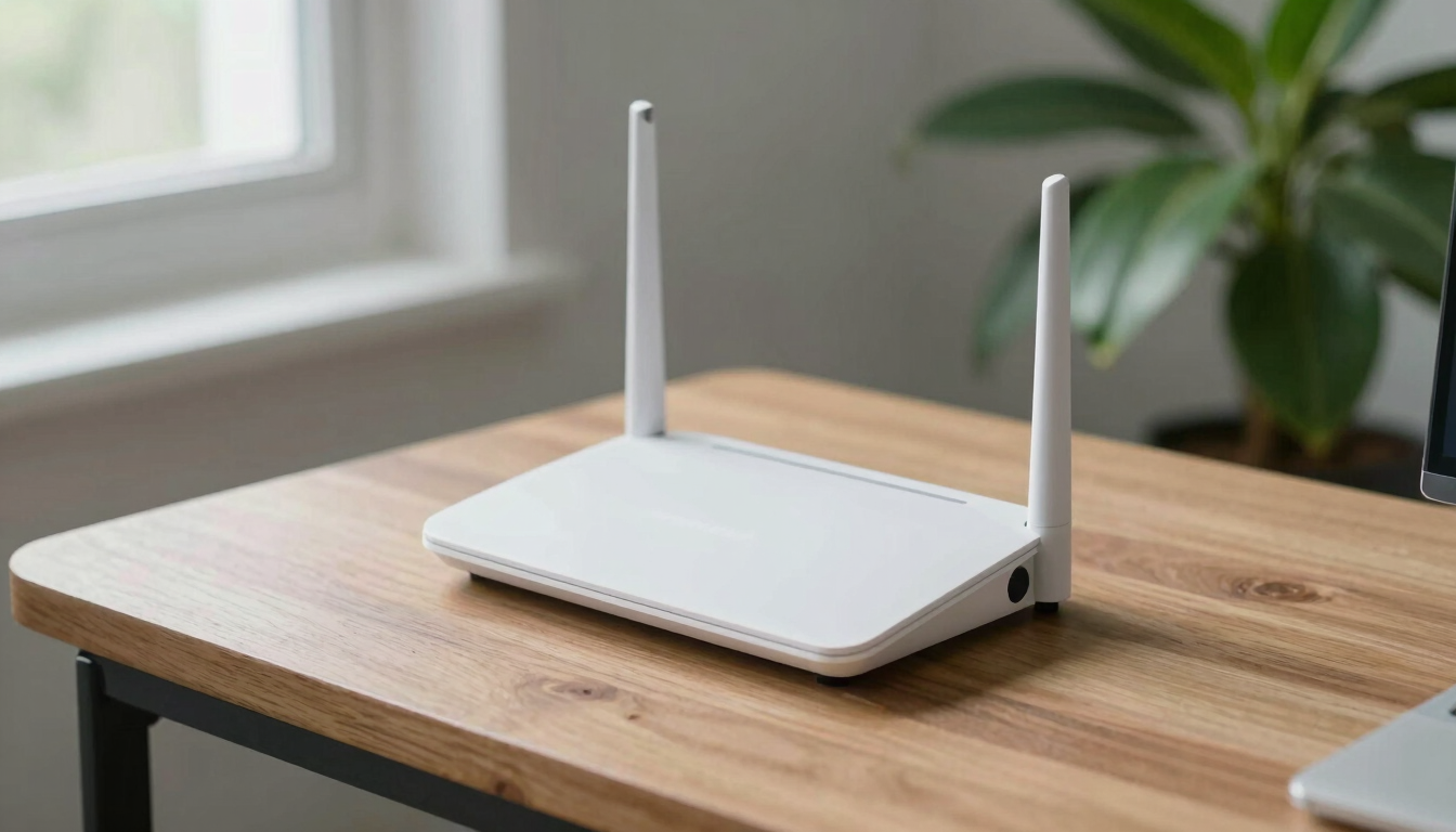 A clean minimalist router placed on a wooden desk next to a green plant, bright natural daylight, cool ambient tones, 35mm