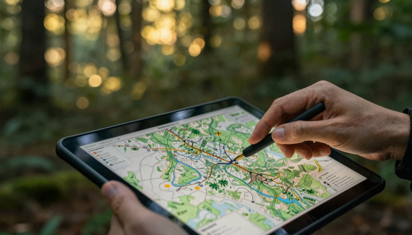 Gros plan de mains scientifiques analysant une carte topographique numérique sur une tablette de terrain, en arrière-plan une forêt tropicale floue, lumière dorée du matin.