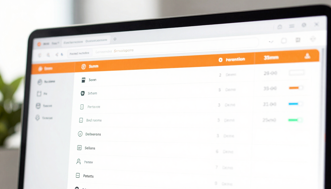 A tight macro shot of a modern software dashboard displaying real-time data flow with clean safety-orange accents, bright natural office light, 35mm
