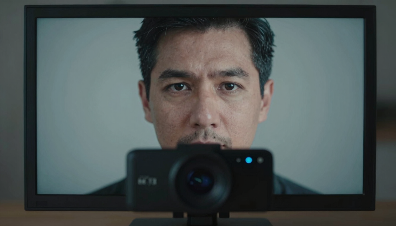 Tight webcam-style desaturated framing of a candidate's focused face looking directly at a webcam, cool-toned screen-glow ambient light, 35mm