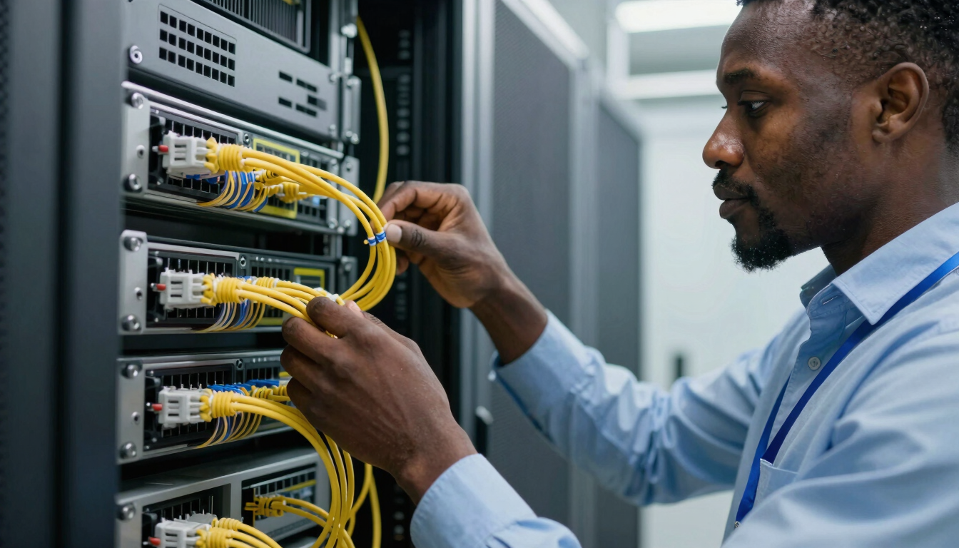 A close-up of a professional African network engineer in a modern server room, checking fiber optic connections under bright natural daylight.