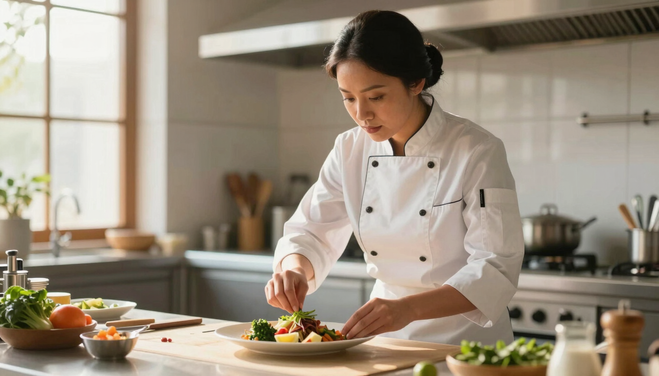 A professional female chef of Southeast Asian descent in a clean, modern, sunlit kitchen, wearing a neat uniform, carefully plating a healthy meal with fresh ingredients, warm natural window light, dignified medium shot focusing on her craft.