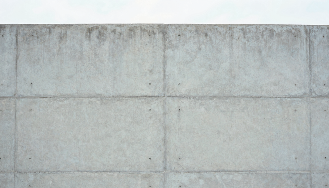 Close-up of a smooth architectural concrete wall with geometric formwork lines, soft overcast natural light, desaturated cool tones, symmetrical composition, 35mm