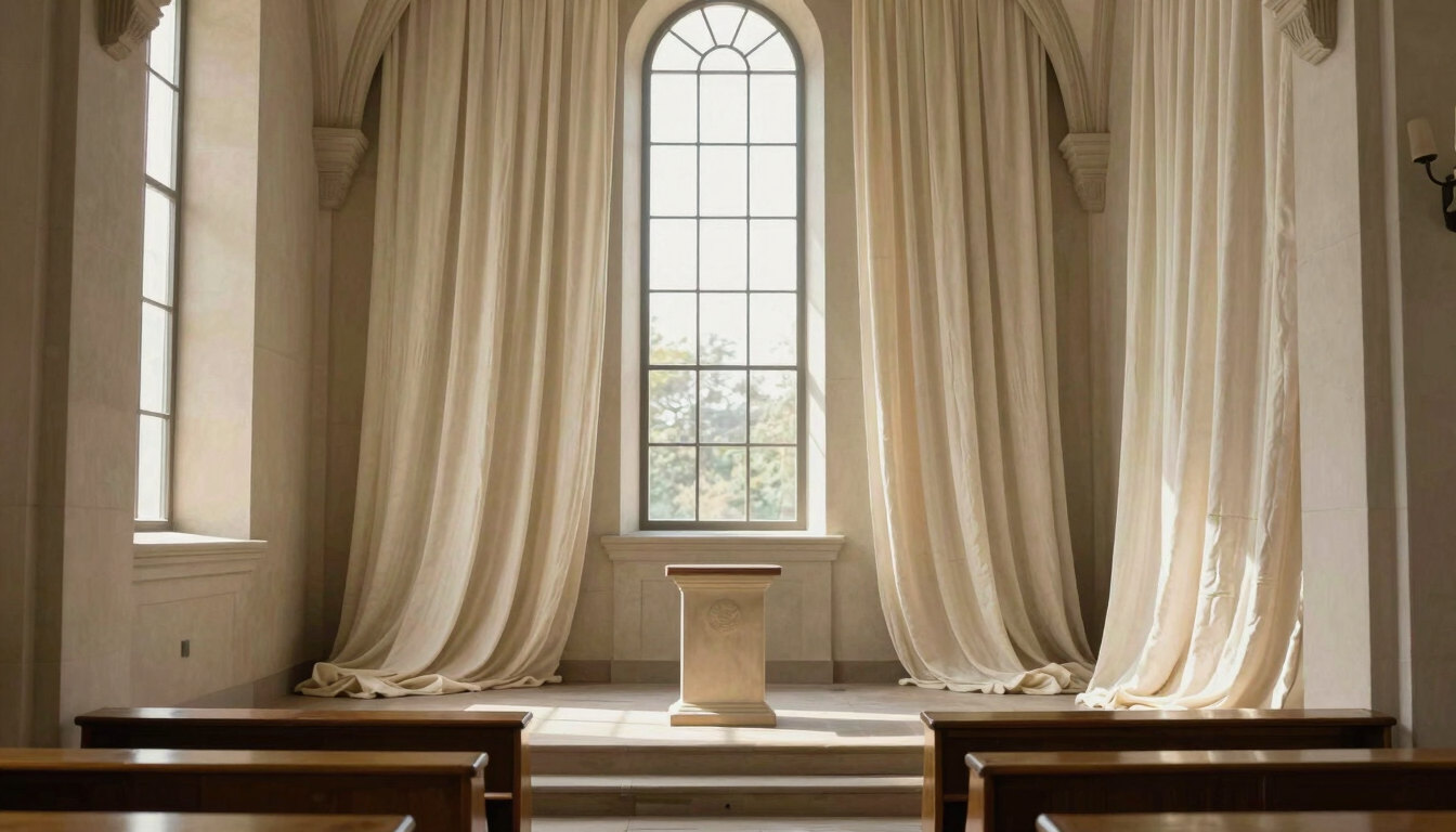 Symmetrical perspective of a quiet memorial chapel interior, architectural draping in heavy cream linen, soft warm morning light filtering through high windows.