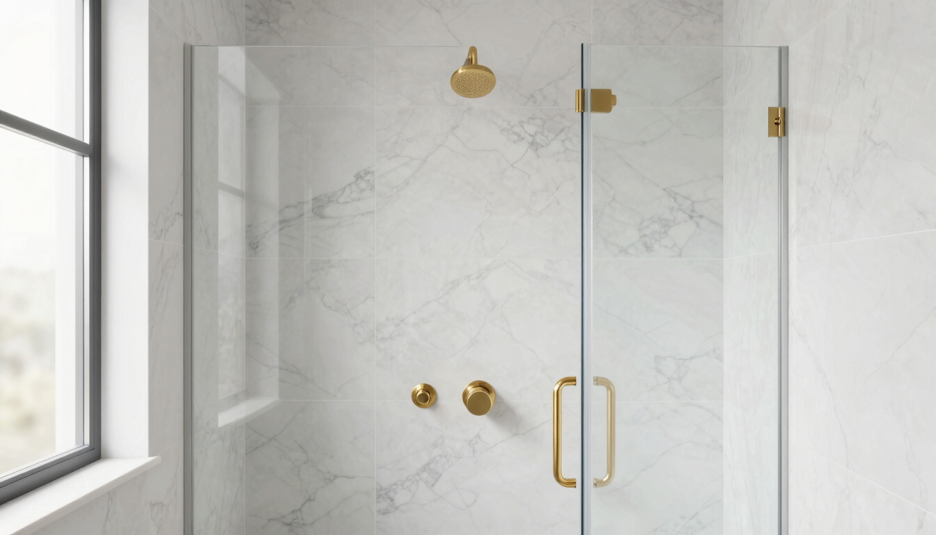 Straight-on architectural elevation of a finished custom walk-in shower, flawless white marble tile with mitred edges, gold fixtures, soft natural lighting.