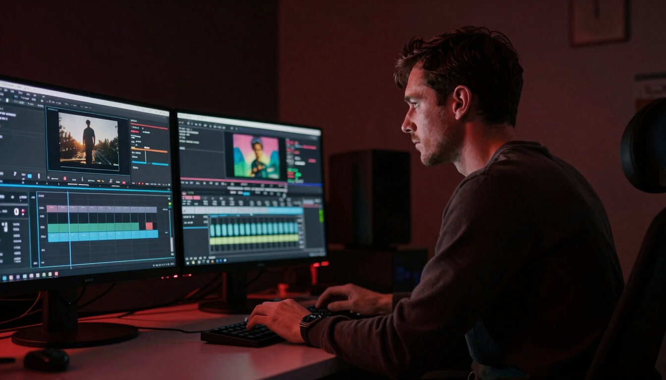 Moody cinematic over-the-shoulder shot of a male editor working on a video editing workstation in a dark room with subtle crimson ambient glow, 35mm film look.
