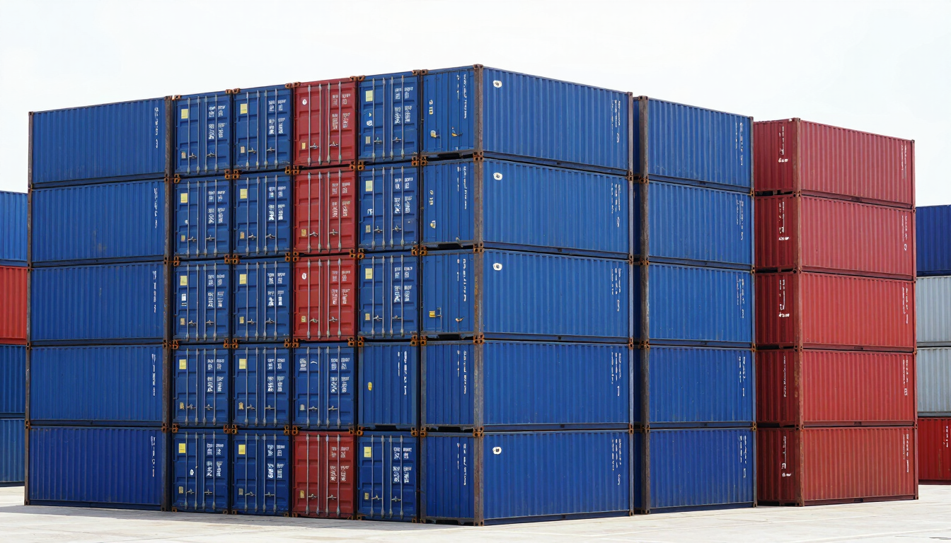 Bright daylight wide-angle shot of neatly stacked blue and red shipping containers at Ningbo Port, sharp industrial focus