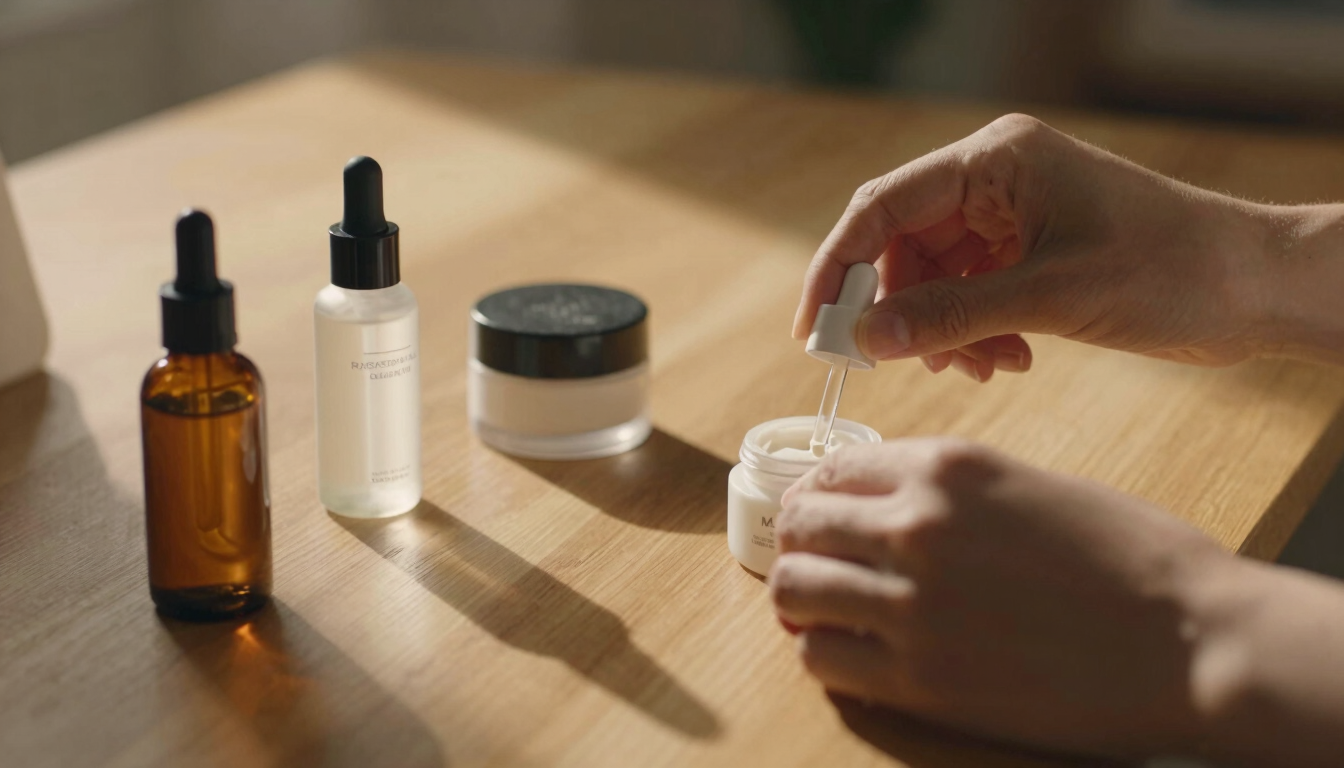 Close-up of hands arranging lifestyle beauty products on a warm, sun-drenched wooden table, soft golden hour light, soft shadows, cinematic 4:5 portrait crop.