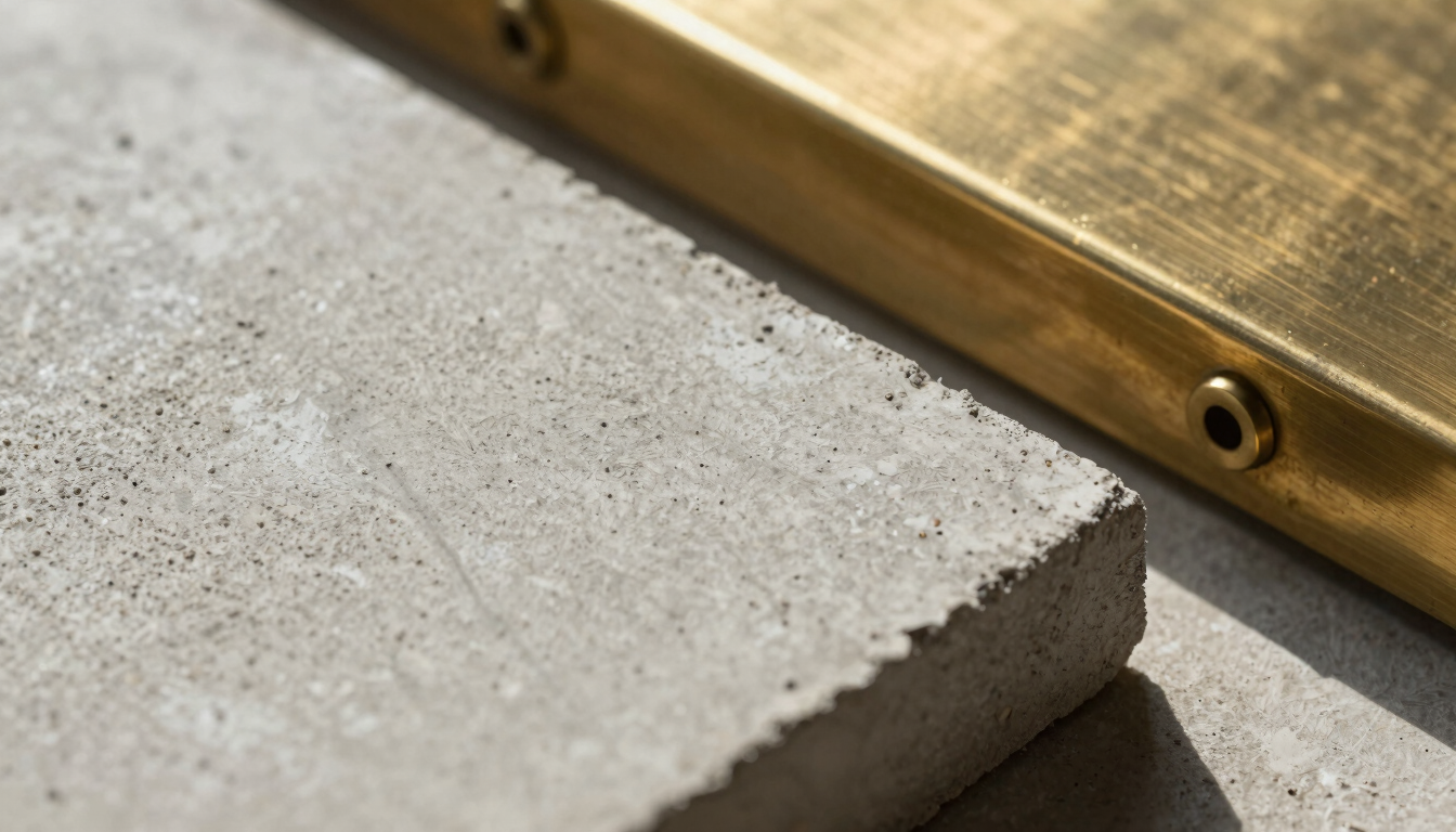 Extreme macro detail of premium building materials, focusing on raw concrete and polished brass elements under bright, direct sunlight.