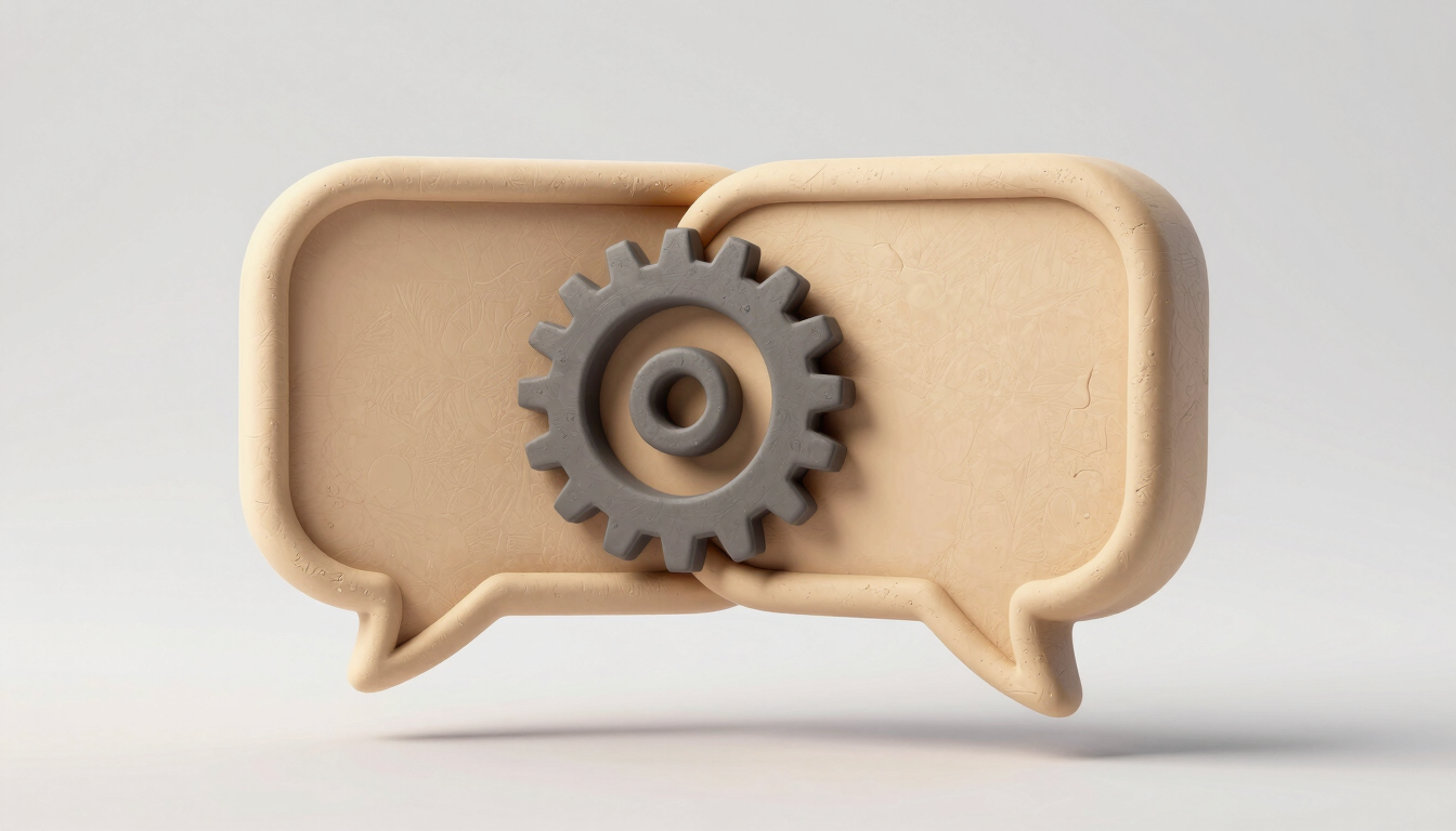 Soft clay-textured 3D illustration of two overlapping chat bubbles with a gear inside, floating with soft shadows, clean white background