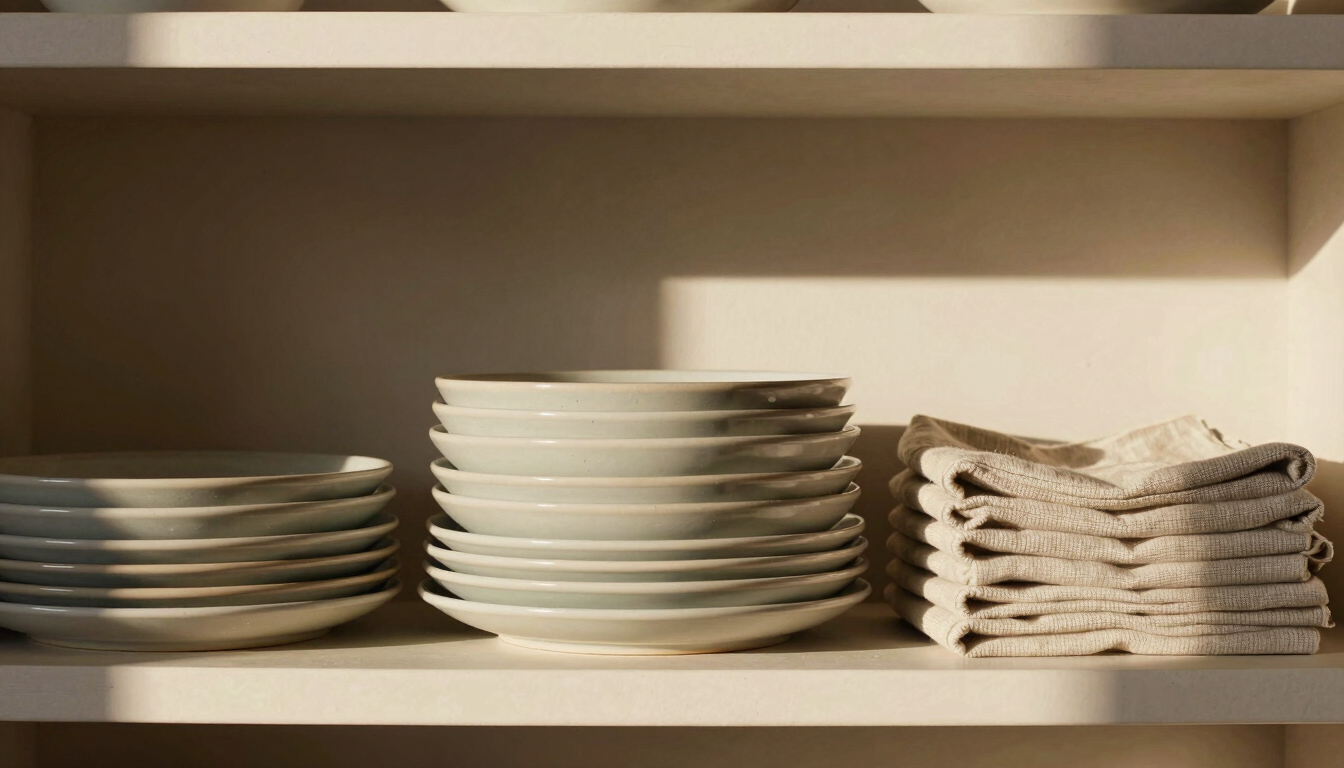 A vertical straight-on shot of a minimalist shelf with beautifully stacked ceramic plates and linen napkins in warm, organic tones, lit by soft afternoon sun.