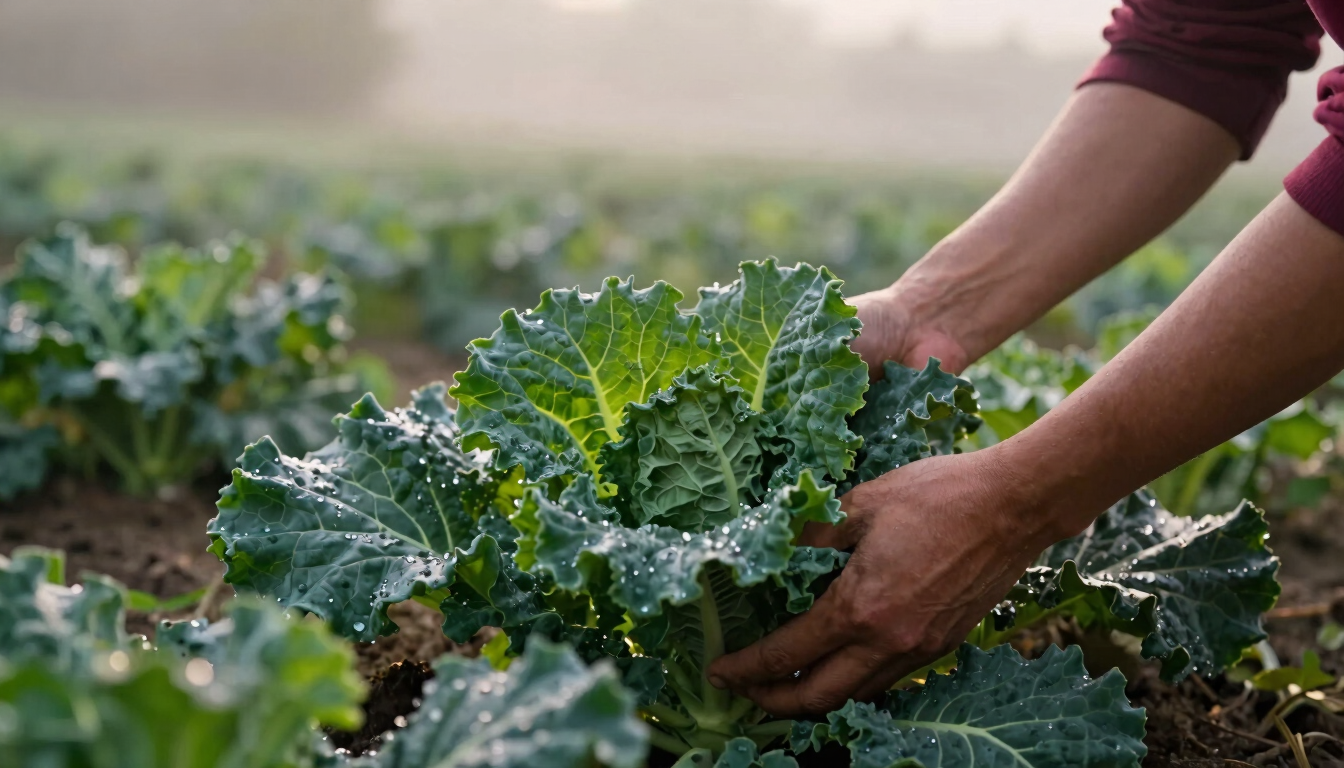 A close-up of hands harvesting organic green kale in a damp, misty field at sunrise, soft natural overcast daylight, rich forest green and crimson tones, shallow depth of field, 35mm.