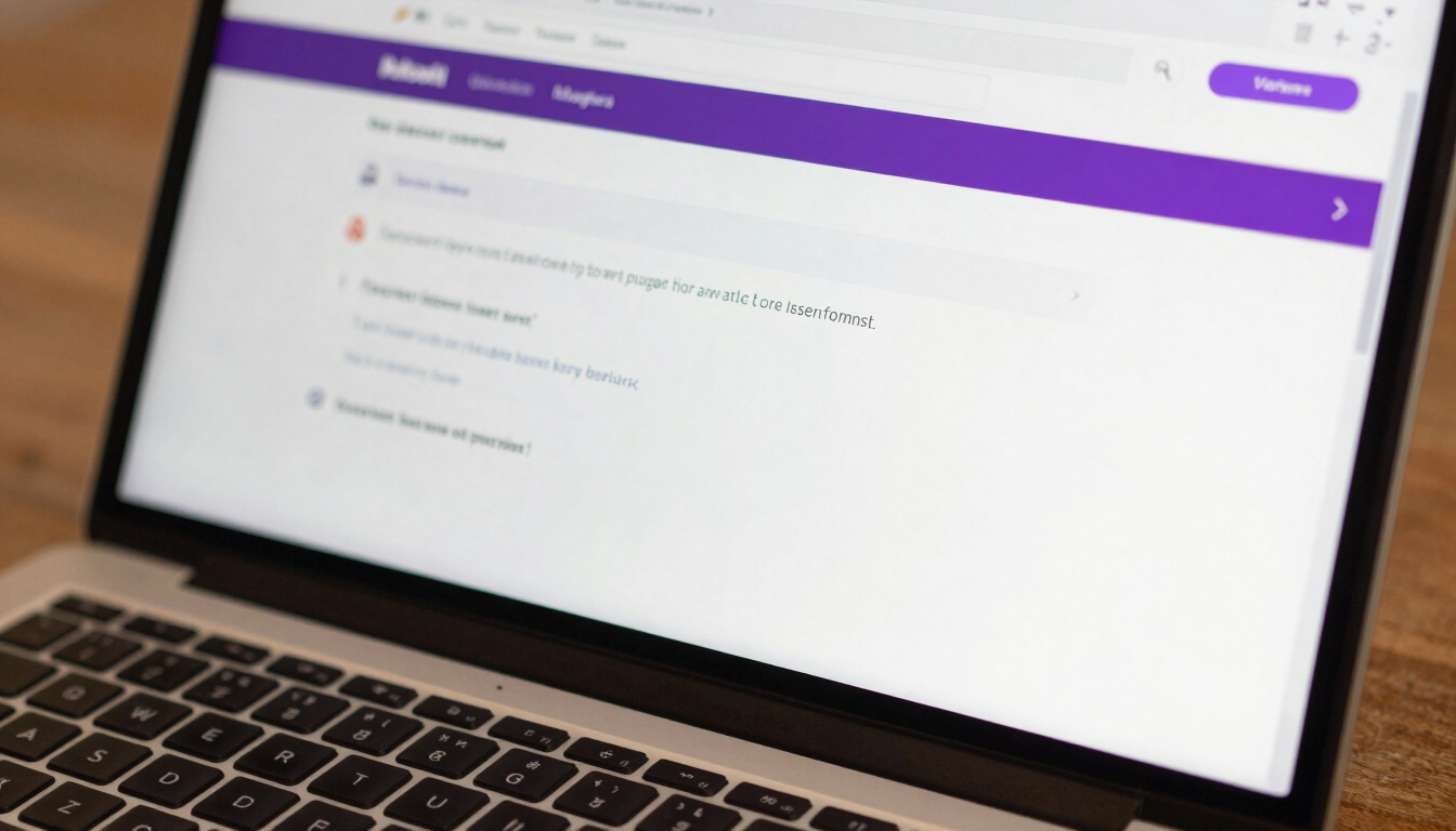 Close-up of a modern laptop screen displaying a clean, high-converting UI/UX interface, warm natural daylight with subtle violet accents, rich premium tones, 35mm lens.