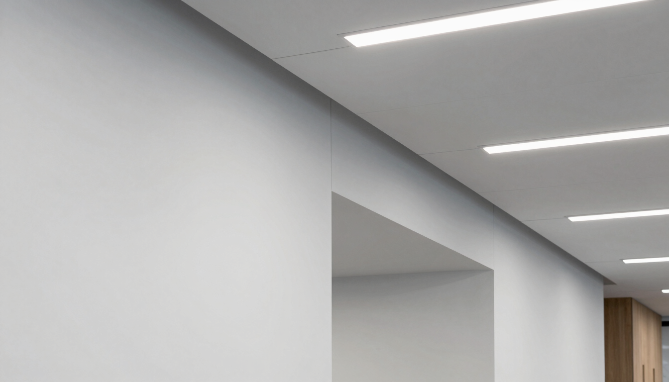 Vertical portrait of a modern office interior showing clean drywall installation and geometric ceiling panels, crisp architectural lighting, sharp details, professional finish