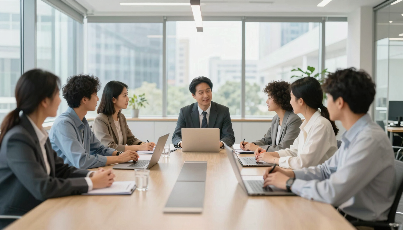 Wide environmental shot of a diverse collaborative business meeting in a modern office, bright natural daylight streaming through large windows, professional editorial photography.