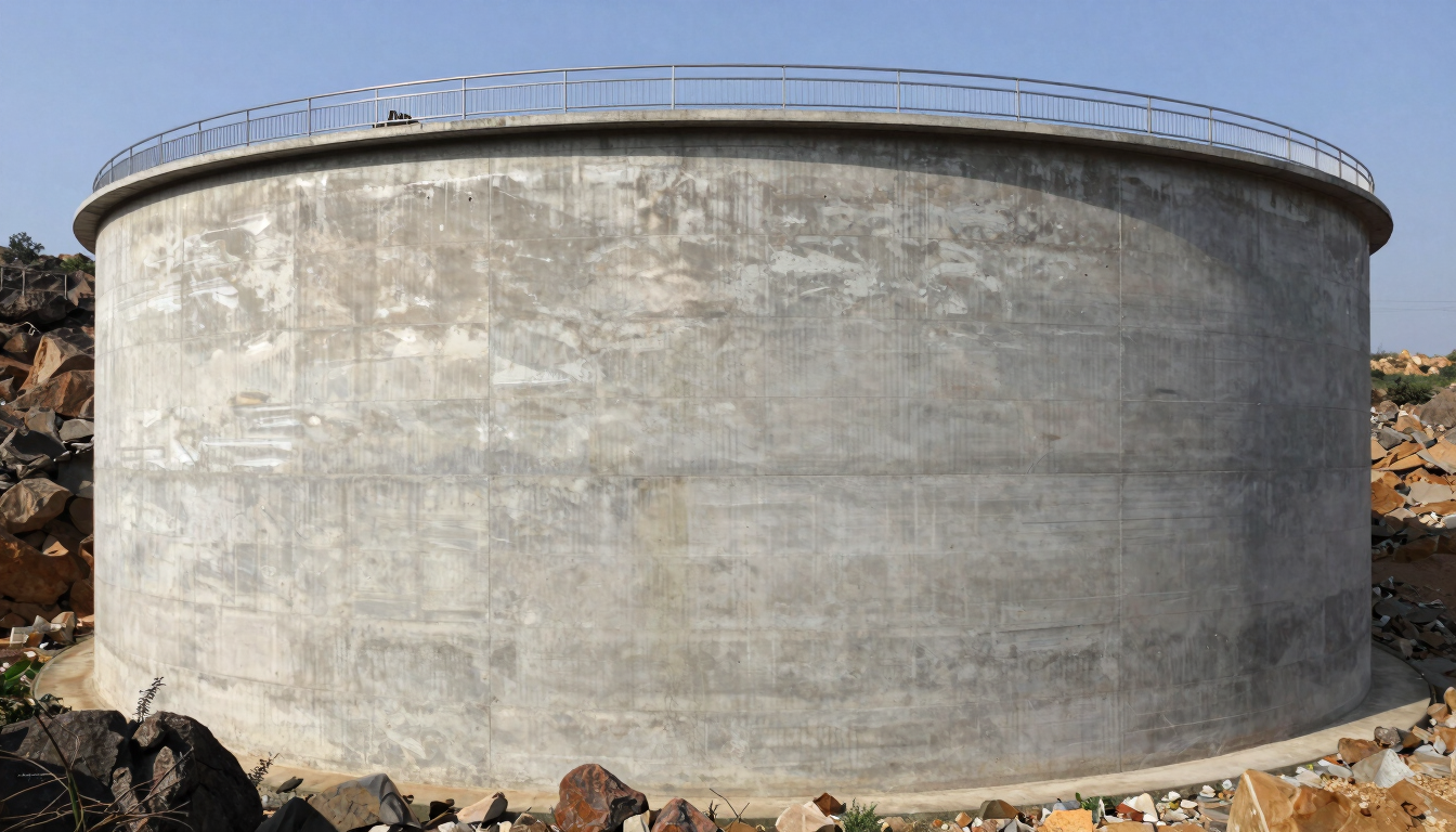 A massive concrete water storage tank constructed on a rocky hillside, bright natural daylight reflecting off the concrete texture, wide-angle lens.