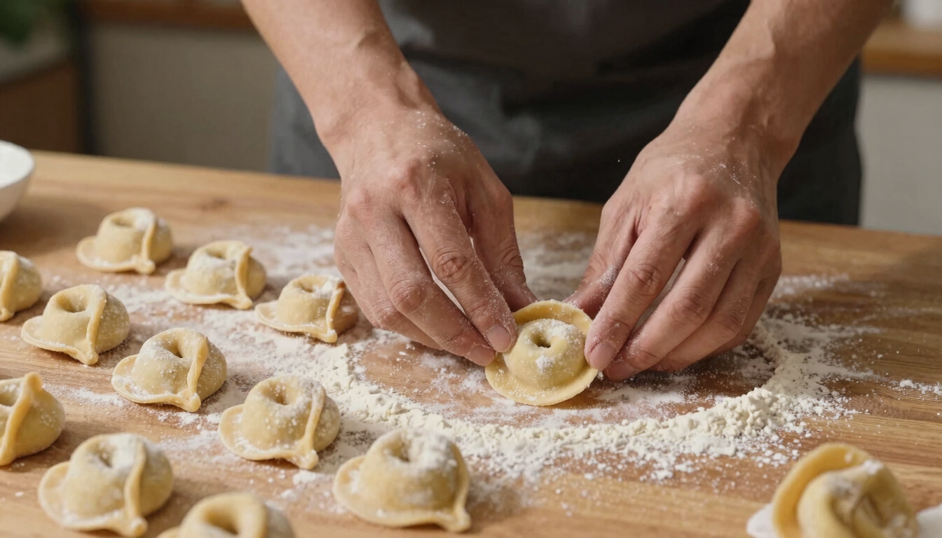 Medium close-up of hands preparing fresh handmade tortelli pasta on a wooden table dusted with flour, warm natural light, rich earthy tones
