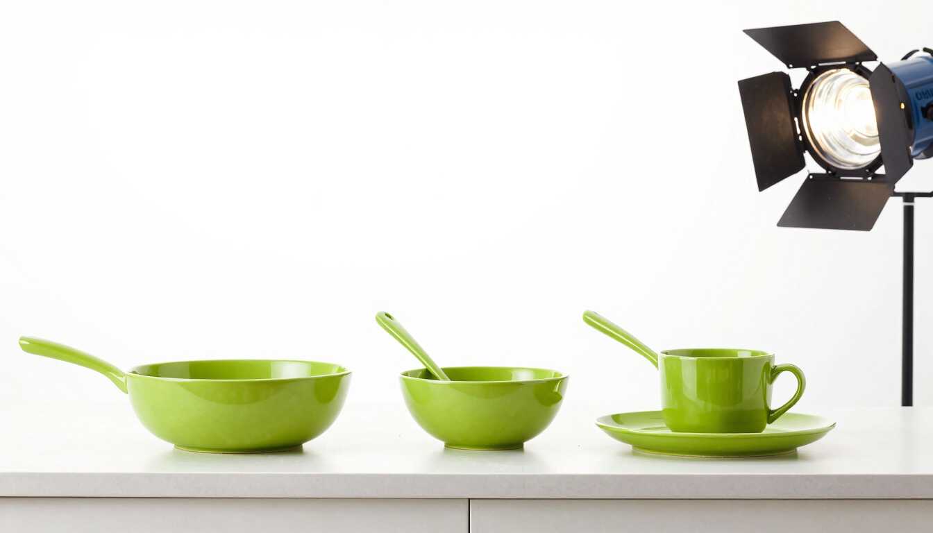 Bright high-key lifestyle photography of a clean modern kitchen counter with kitchenware, soft studio light, sharp focus, 50mm lens