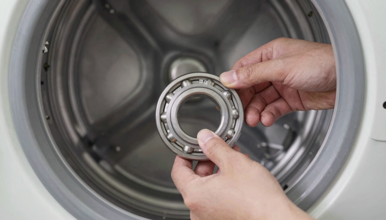 Extreme close-up of a technician's hands installing a clean, metallic drum bearing into a washing machine, bright white workshop light.