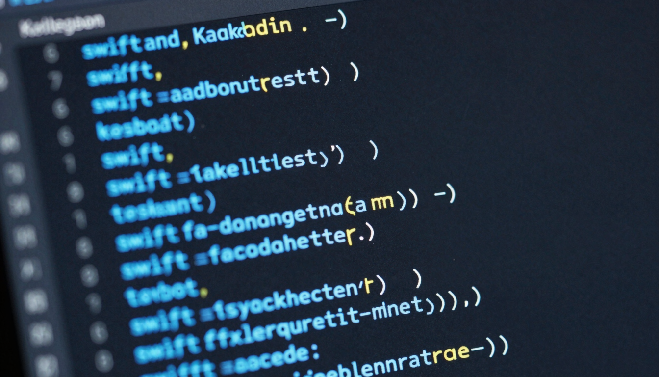 Extreme close-up of clean Swift and Kotlin code lines running on a dark IDE interface with electric-blue syntax highlighting, sharp focus