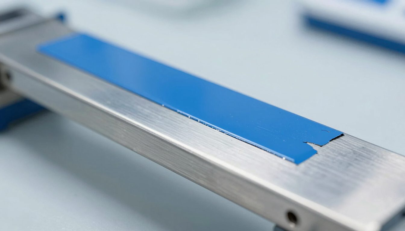 Macro shot of a clean metal surface half-stripped of blue paint, showing pristine steel underneath, clinical laboratory background, bright lighting, cool tones.
