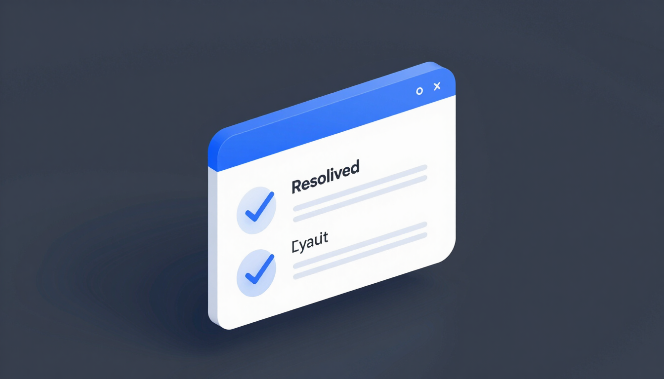 Minimalist tech 3D render of a clean vector UI support ticket interface, electric blue accents, bright studio lighting, isometric view showing resolved status checkmark.