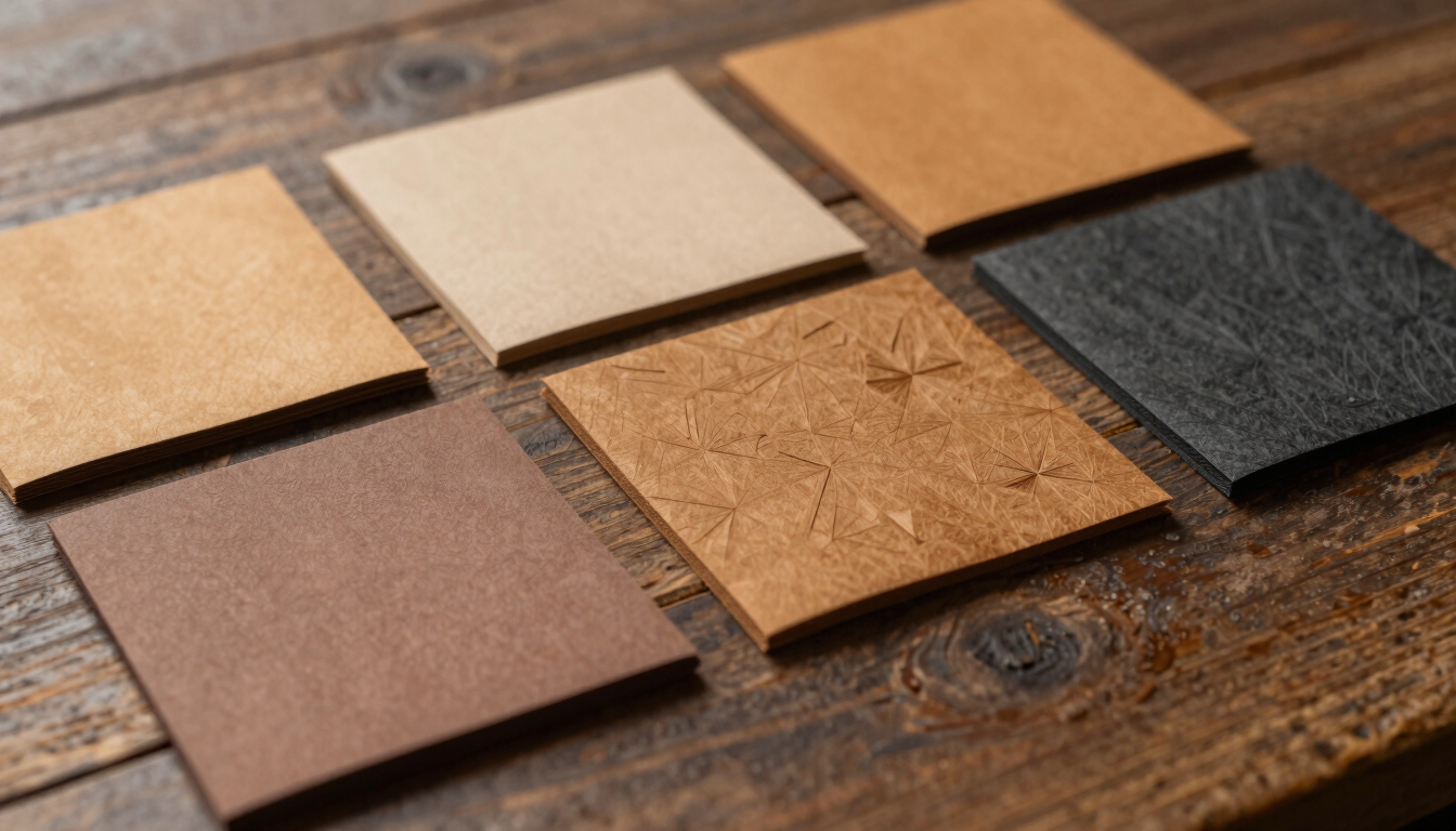 An array of textured origami paper samples in shades of ochre, clay, and charcoal, neatly arranged on a rustic wooden surface, warm side lighting.