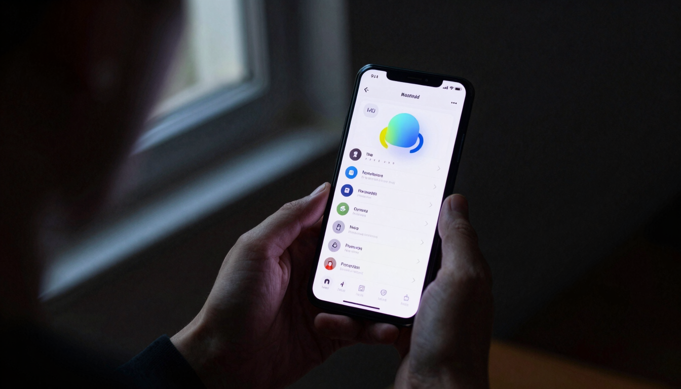 Over-the-shoulder shot of hands holding an Android phone, clean Material You system settings visible on screen, moody ambient light from a window, 50mm