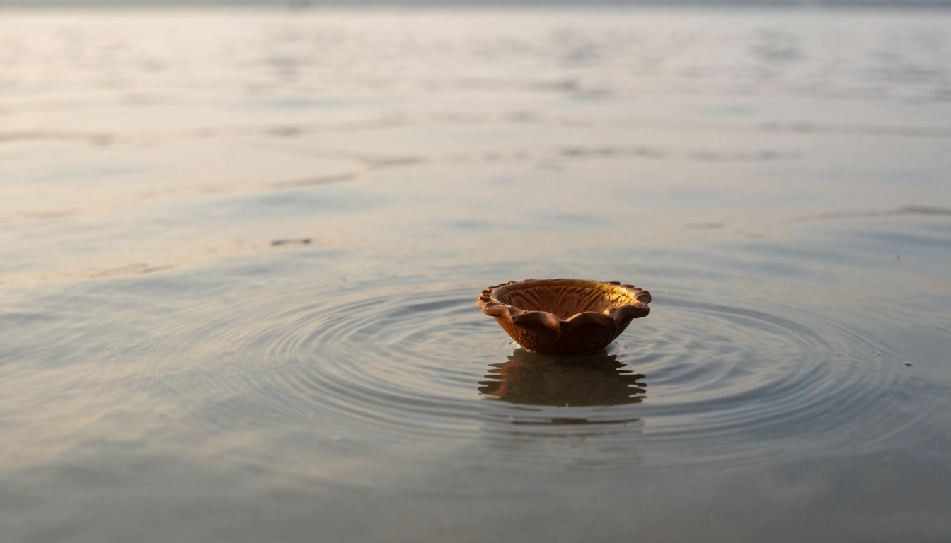 Softly focused flowing water of the Ganges river at dawn with a floating clay diya