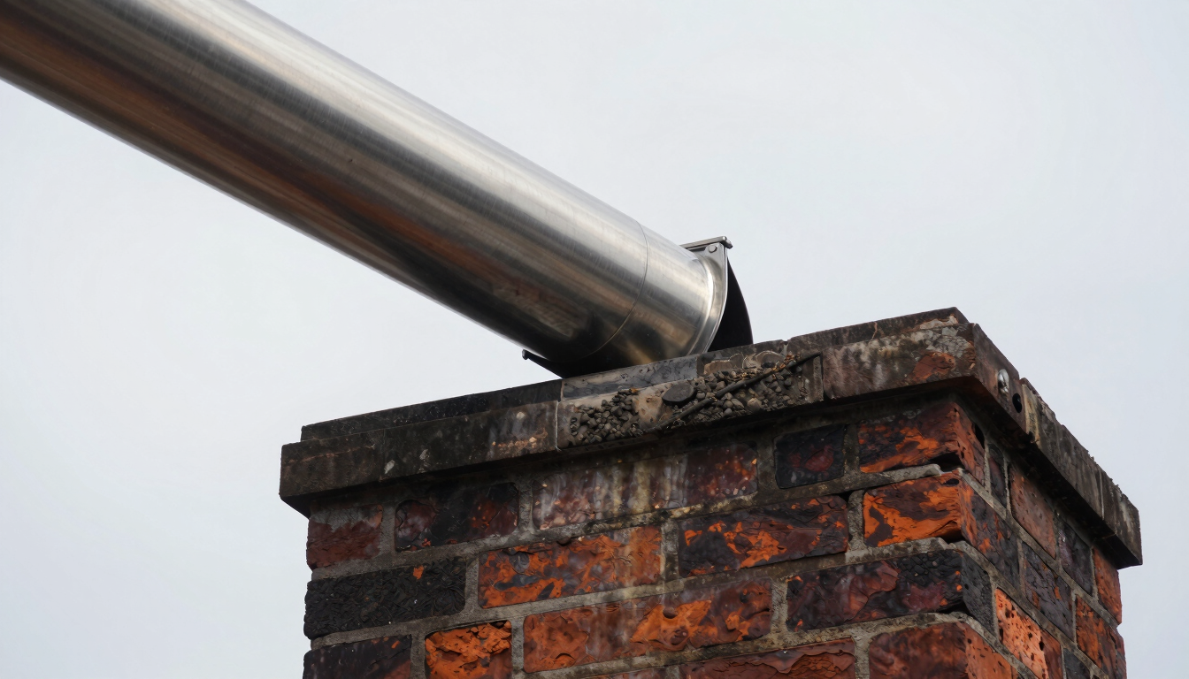 A vertical portrait of a stainless steel chimney liner being precisely lowered into a dark, weathered brick flue. Natural overcast daylight illuminates the metallic ridges of the liner and the textured mortar joints of the chimney crown.