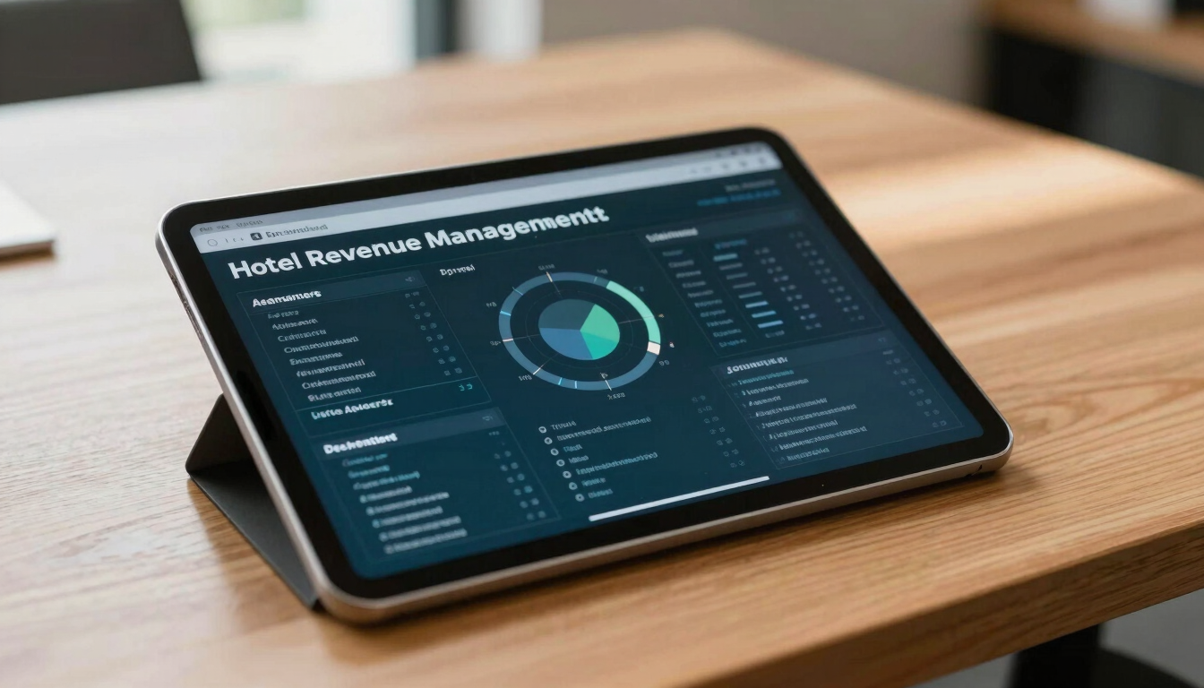 Close-up of a modern hotel revenue management dashboard on a tablet, resting on a polished wooden desk in a bright, sunlit executive office, shallow depth of field, warm editorial style