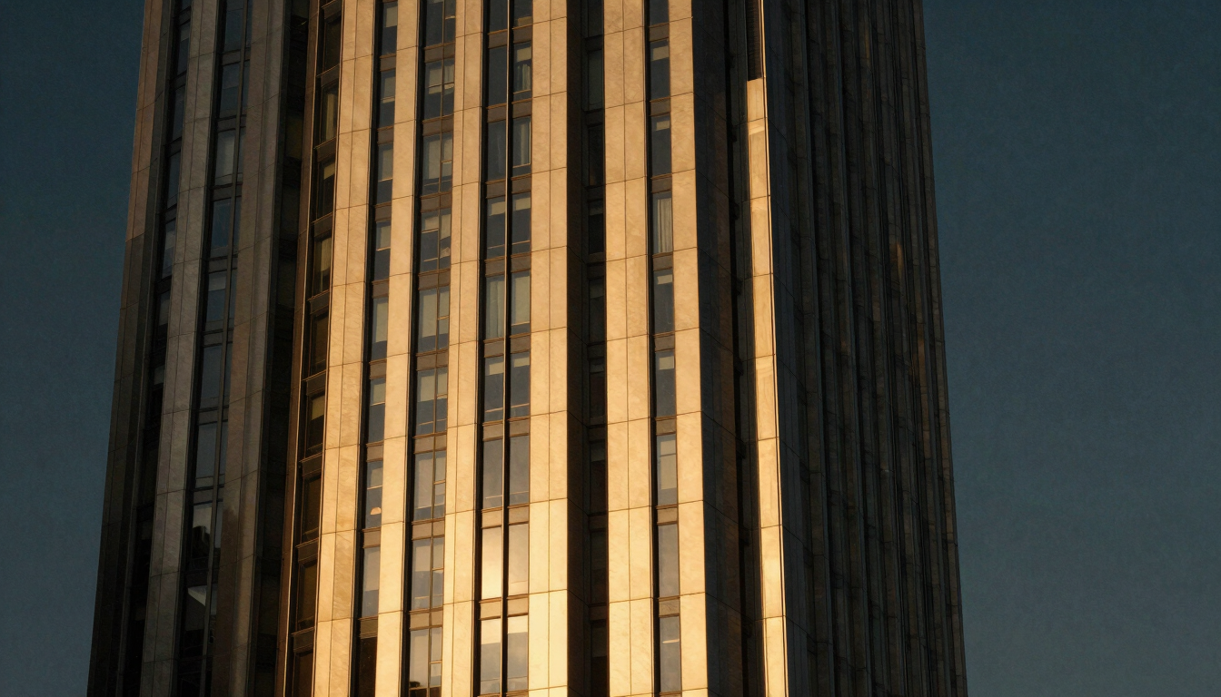 Crisp architectural detail of a modern metropolitan skyscraper reflecting rich golden hour light against a deep obsidian sky, premium editorial photography, medium format film.
