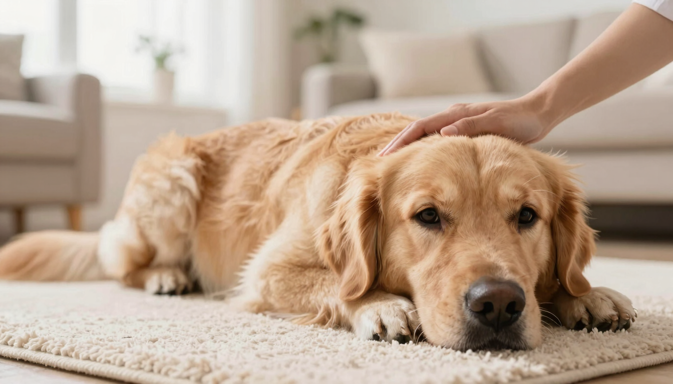 Close-up of a gentle veterinarian hand petting a calm golden retriever on a soft home rug, warm natural light, cozy living room background