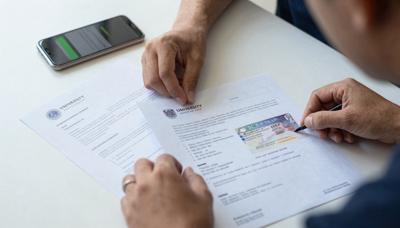 A close-up of hands organizing official visa documents and university acceptance letters on a clean white desk next to a modern smartphone showing a green progress bar.
