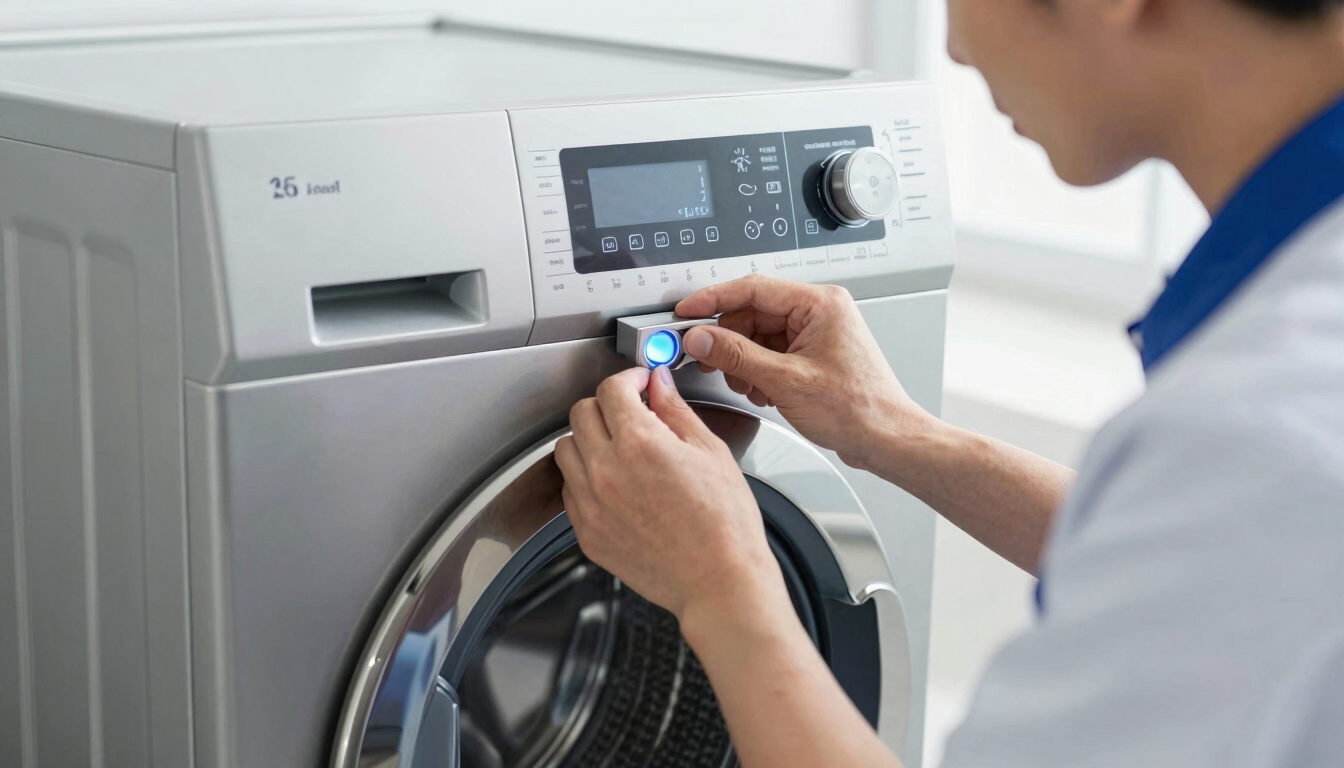 Close-up of a professional technician in a clean uniform calibrating the digital control panel of a modern stainless steel washing machine, bright cool-toned daylight, sharp focus.
