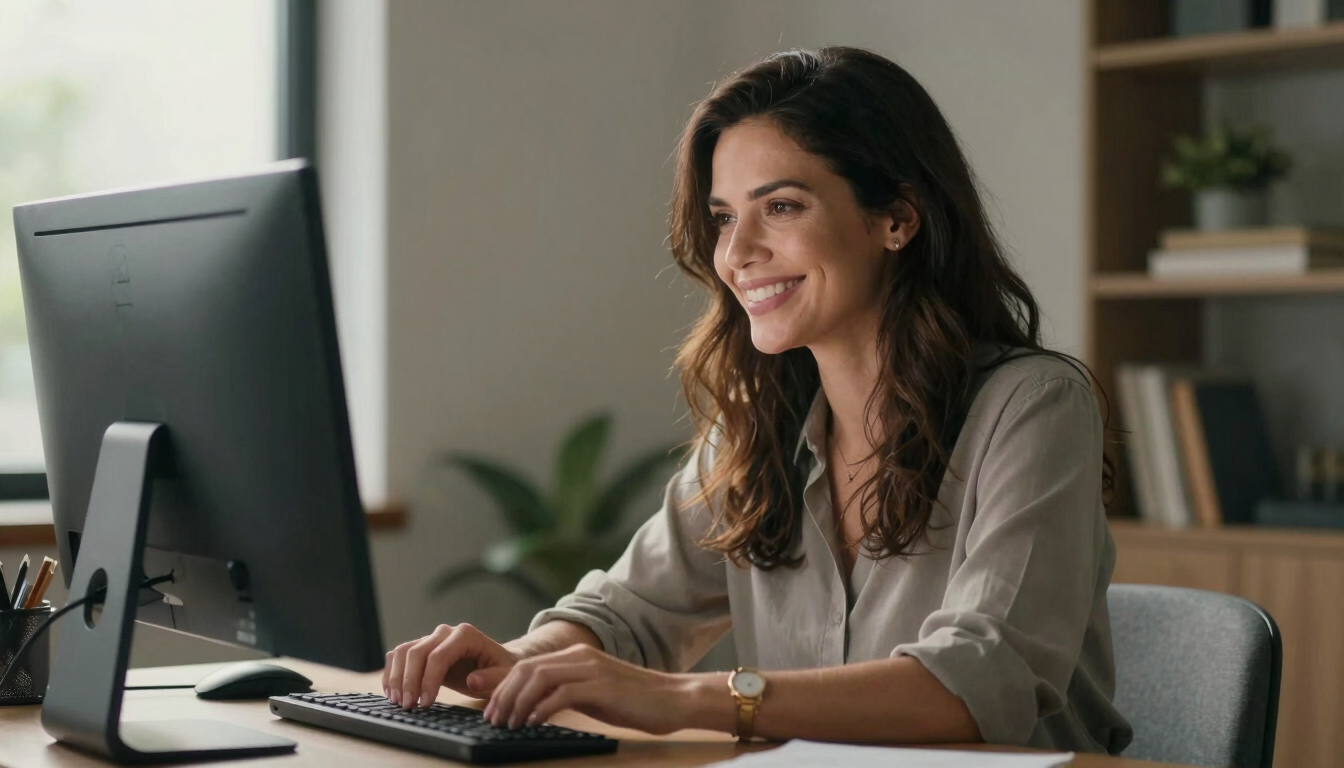 Retrato medio de una psicóloga online sonriendo en un despacho luminoso con luz natural, mirando de reojo una pantalla de ordenador portátil.