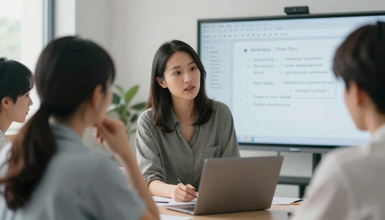 A teacher leading a collaborative workshop with educators, soft natural light, focused expressions, looking at a shared screen showing lesson plans.