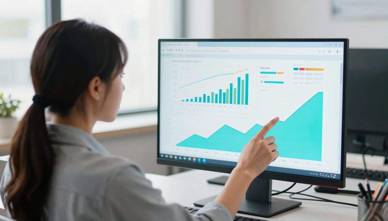 Over-the-shoulder shot of a digital marketer analyzing vibrant growth charts on a large monitor, clean modern workspace, soft daylight mixed with cyan screen glow, 35mm photography